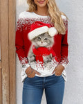 Funny Christmas Cat Pattern Women T-Shirts Long Sleeve Casual Tops